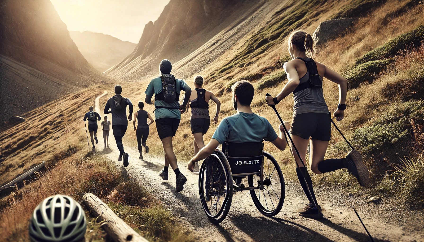 trailrunning-ia-persona-con-discapacidad-visual-acompañada-pareja-de-trailrunners-y corredor con silla - corredor con silla Joelette