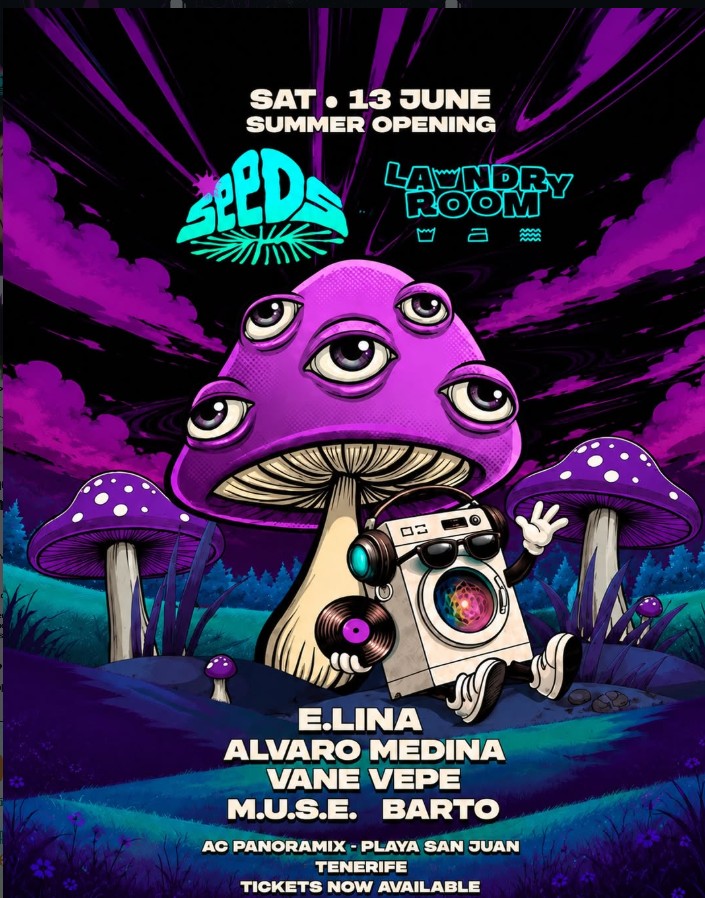 Cartel psicodélico de Seeds Open Air 2026 con una seta morada gigante con ojos y el lema "Back to the Roots". Anuncia la fiesta de música electrónica en Tenerife Sur.