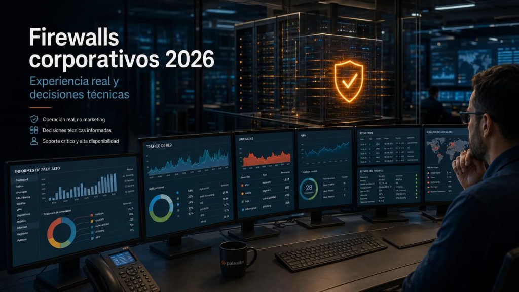 Imagen de un entorno realista de operaciones de ciberseguridad con paneles de informes, firewalls corporativos y análisis técnico de tráfico, amenazas, VPN y seguridad perimetral.