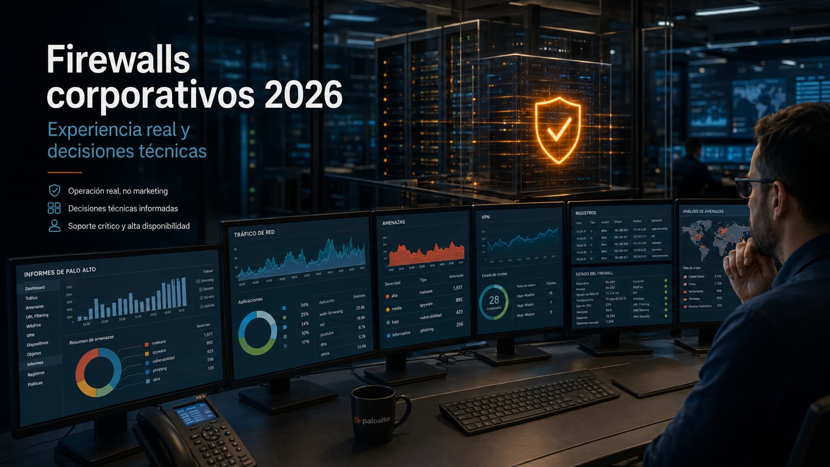 Imagen de un entorno realista de operaciones de ciberseguridad con paneles de informes, firewalls corporativos y análisis técnico de tráfico, amenazas, VPN y seguridad perimetral.