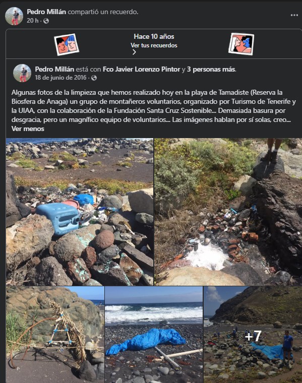 Publicación sobre limpieza en Playa de Tamadite y Afur, en Anaga, Tenerife, con imágenes de costa, sendero y residuos recogidos.