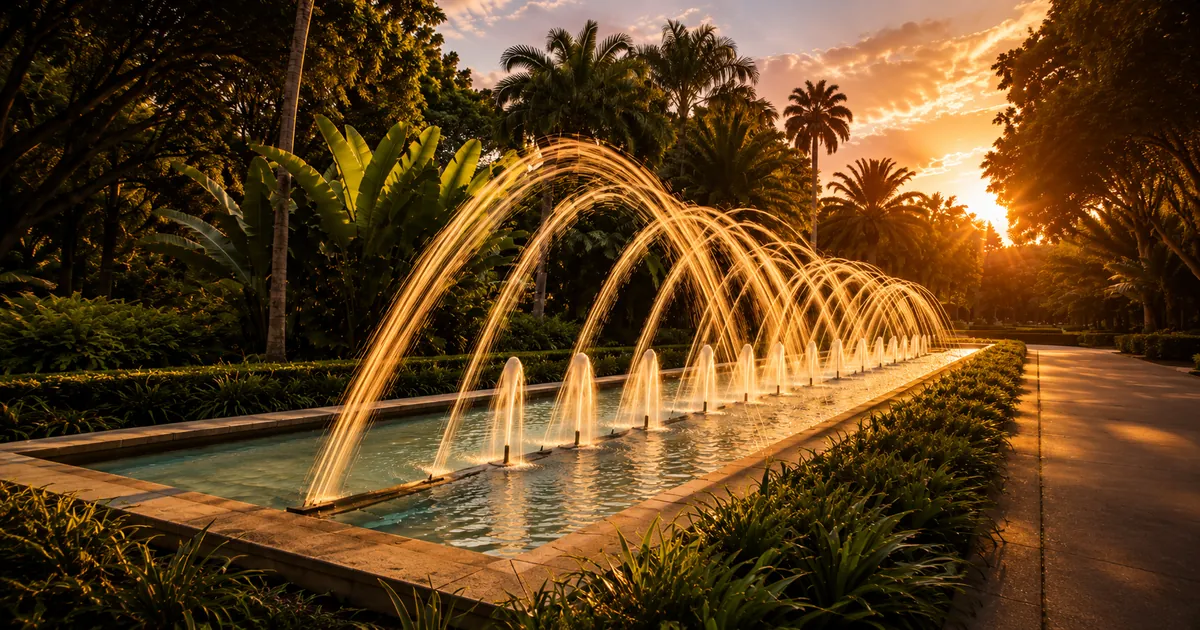 Vista artística del Parque García Sanabria en Santa Cruz de Tenerife, con vegetación tropical y ambiente urbano.