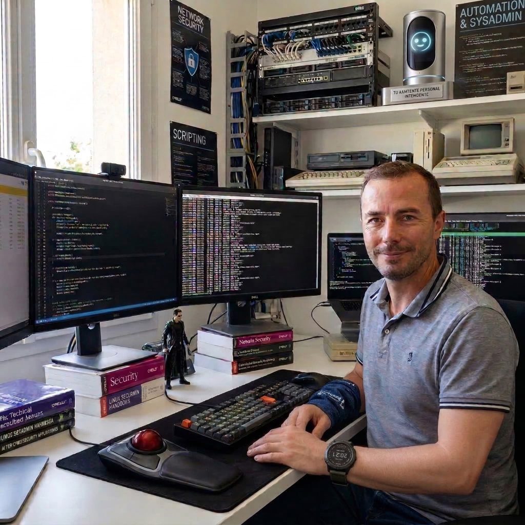 Silueta de un profesional de sistemas en la cima del Teide con paisaje tecnológico hiperrealista de redes neuronales, ciberseguridad e infraestructura cloud