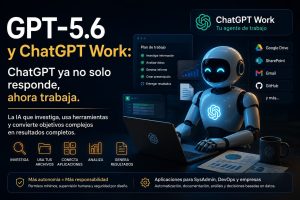 GPT-5.6 y ChatGPT Work representados como un agente de IA que investiga, analiza datos, utiliza herramientas y genera resultados para SysAdmin y DevOps.