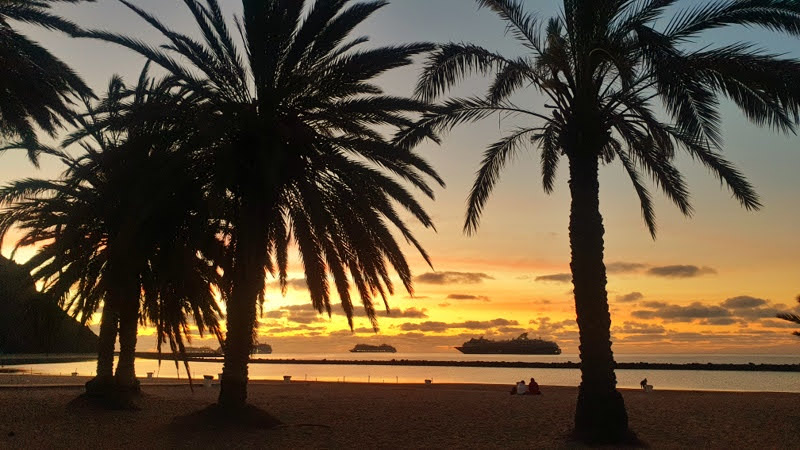 Atardecer en la Playa de Las Teresitas, Tenerife, con palmeras y cruceros fondeados frente a la costa