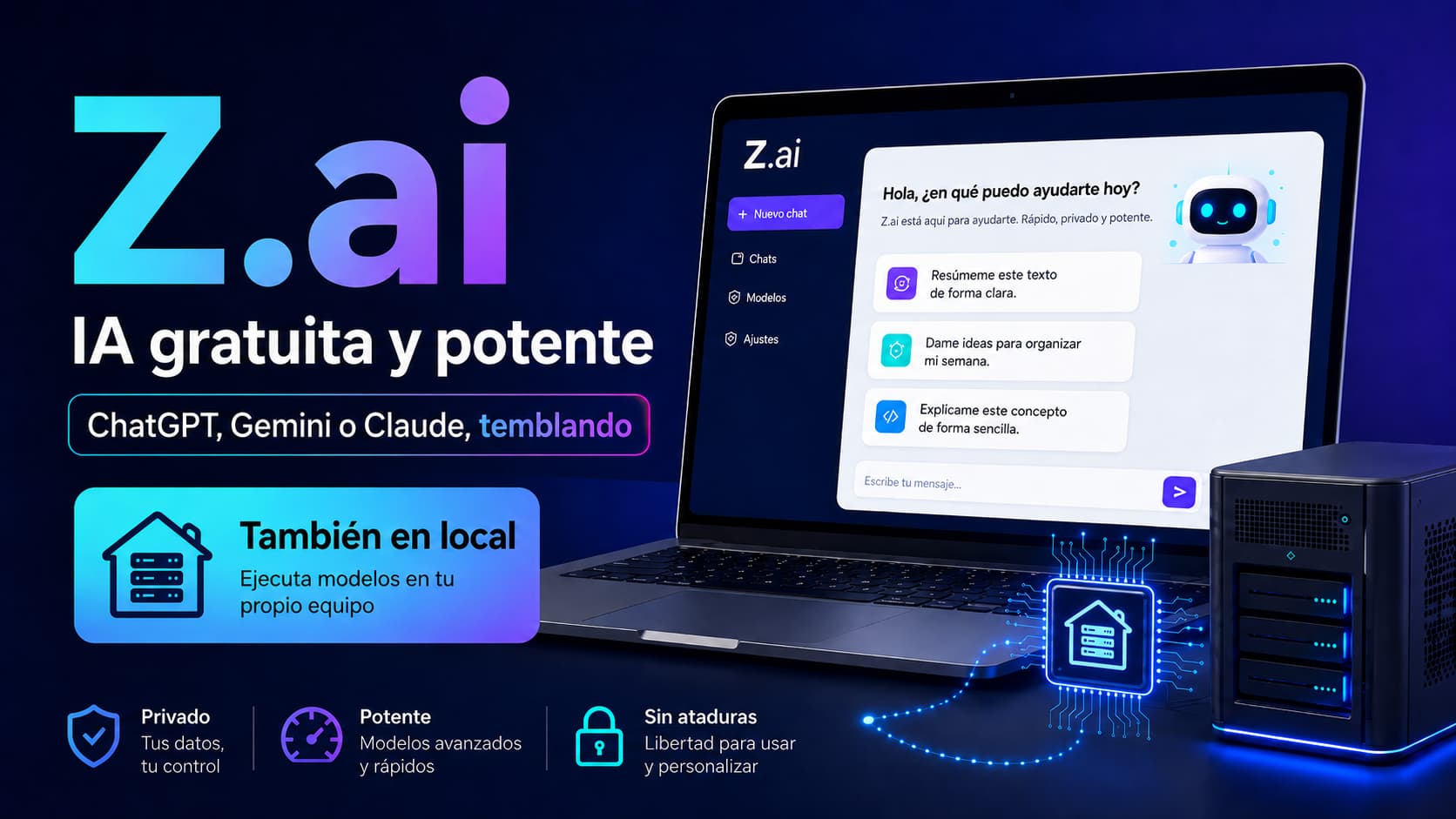 Imagen destacada sobre Z.ai como una IA gratuita y potente, alternativa a ChatGPT, Gemini y Claude, con posibilidad de ejecutar modelos en local.